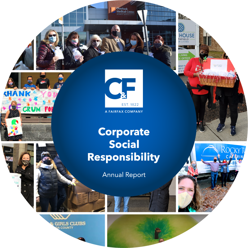 Crum & Forster Corporate Social Responsibility Annual Report in blue circle surrounded by photos of C&F employee volunteers