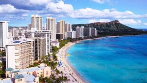 Waikiki beach with Diamondhead volcano in background