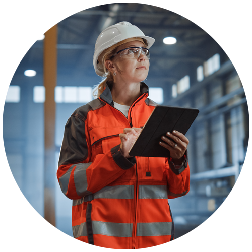 Circle with a woman risk engineer looking up and typing on a tablet