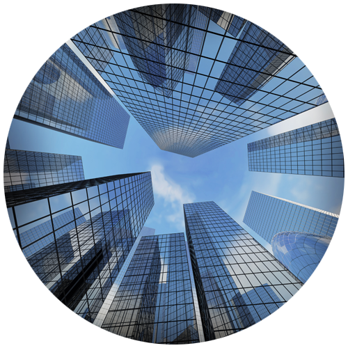 Circle with view of looking up at skyscrapers