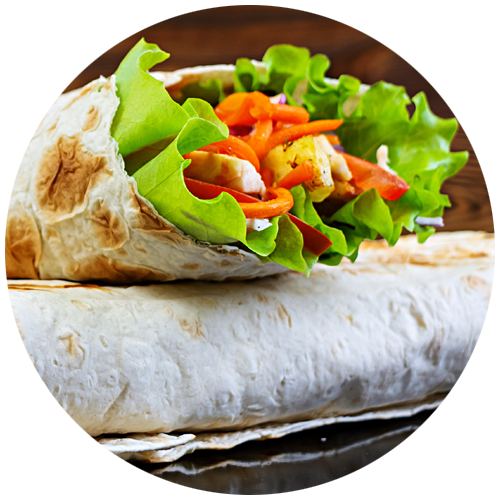 Circle with chicken and salad wrap sandwich