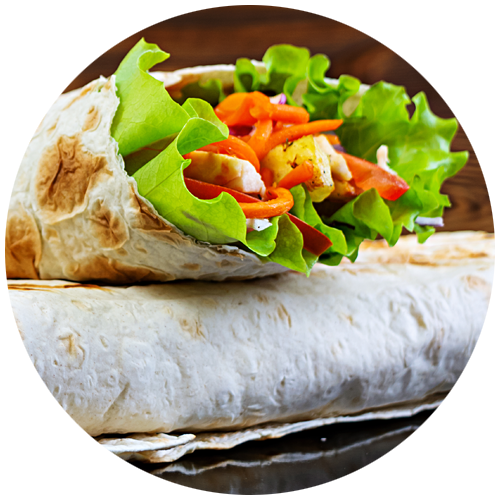 Circle with chicken and salad wrap sandwich