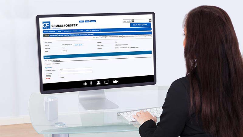 Woman looking at a computer with Crum & Forster on the screen