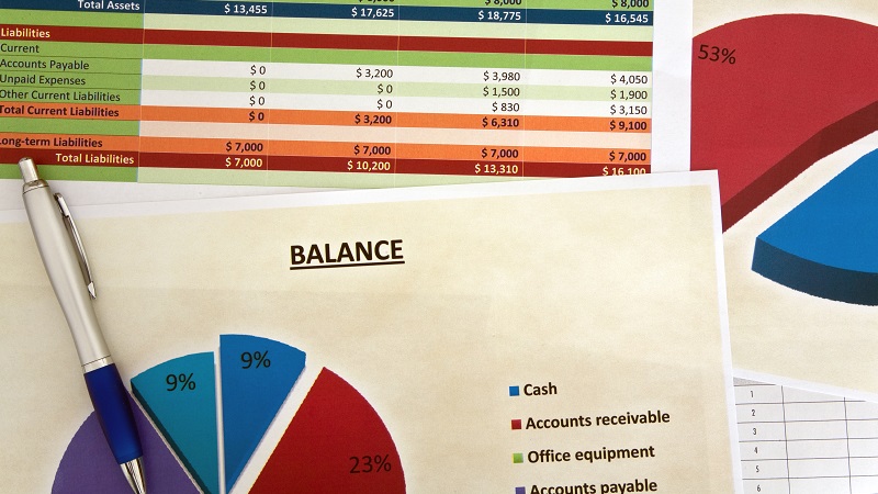 Pie charts and spreadsheet showing accounts receivable balance, expenses and liabilities