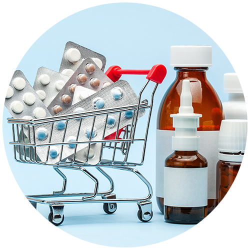 Miniature shopping cart with pill packs in it next to medicine bottles as a button for clinical risk and medical management