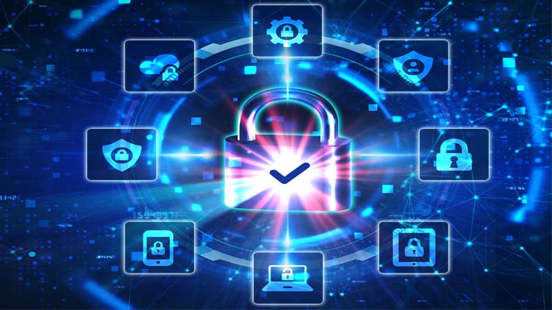 Checkmark on a lock with cybersecurity icons