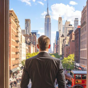 man looking out window at cityscape